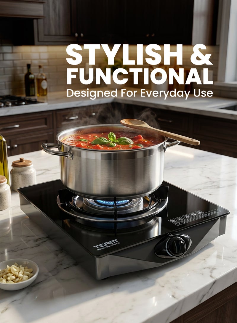 TEAM Single Burner Gas Cooker with Automatic Ignition, Toughened Glass Top, Whirlwind Flame Design, Portable LPG Stove for Kitchen & Outdoor Cooking - Image 4